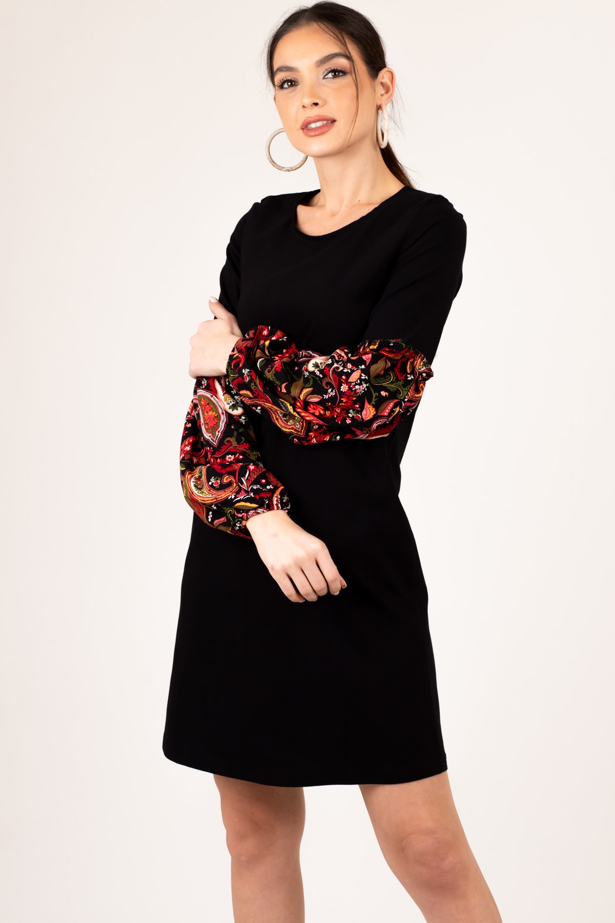 Kadın Siyah Kolu Renkli Balonlu Elbise ARM-19K001215