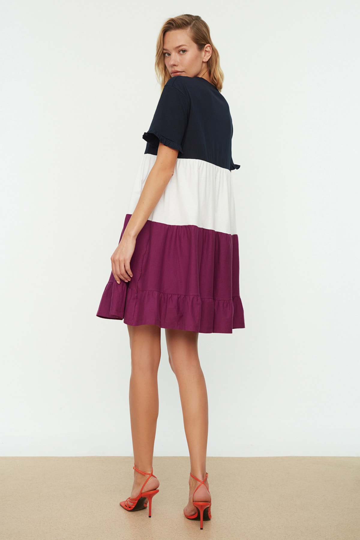 Lacivert %100 Pamuk Renk Bloklu Shift/Düz Mini Örme Elbise TWOSS20EL1638