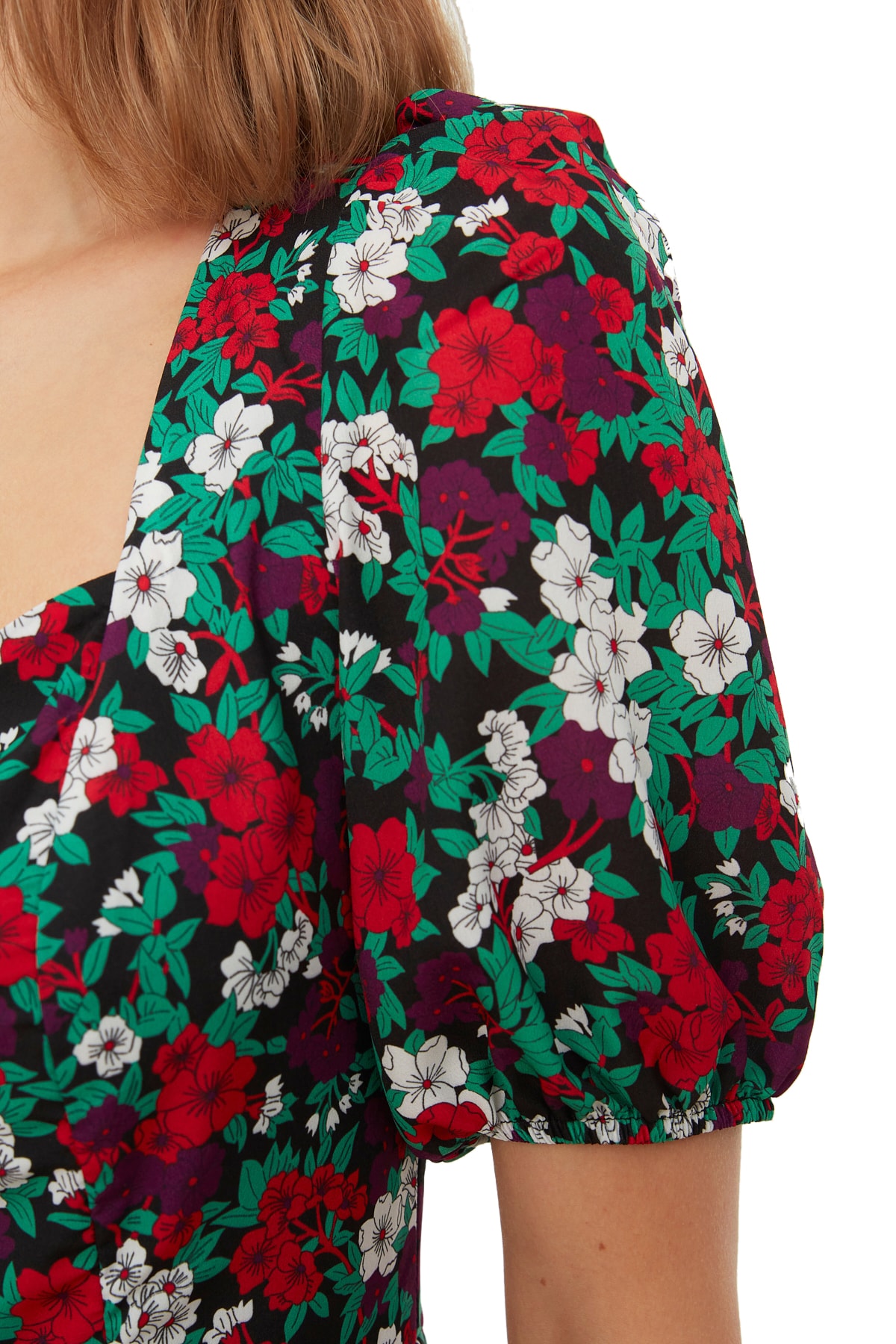 Çok Renkli A Kesim Mini Dokuma Astarlı Balon Kollu Çiçek Desenli Elbise TWOSS20EL0899