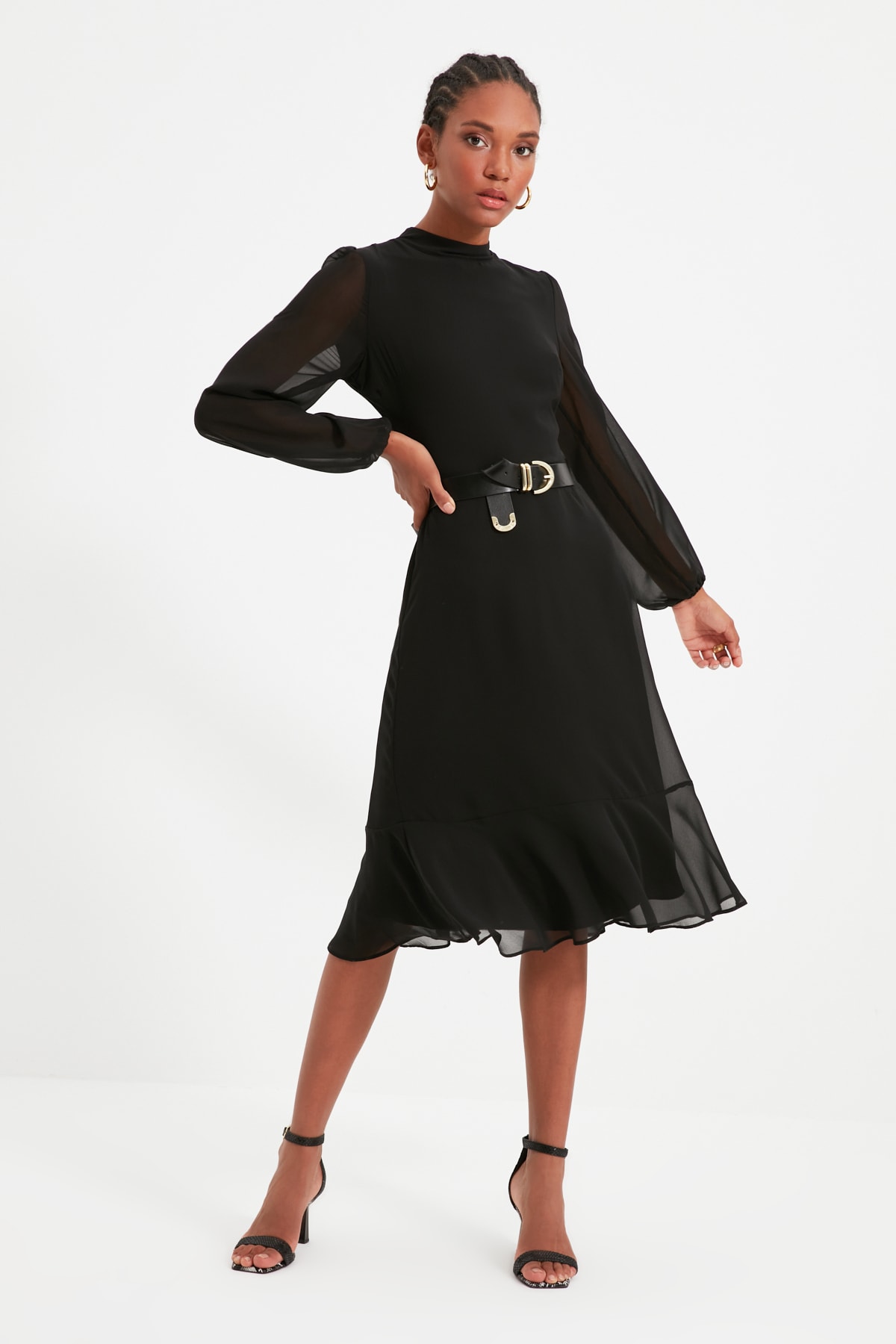 Siyah Midi Dokuma Astarlı Elbise TWOAW20EL1313
