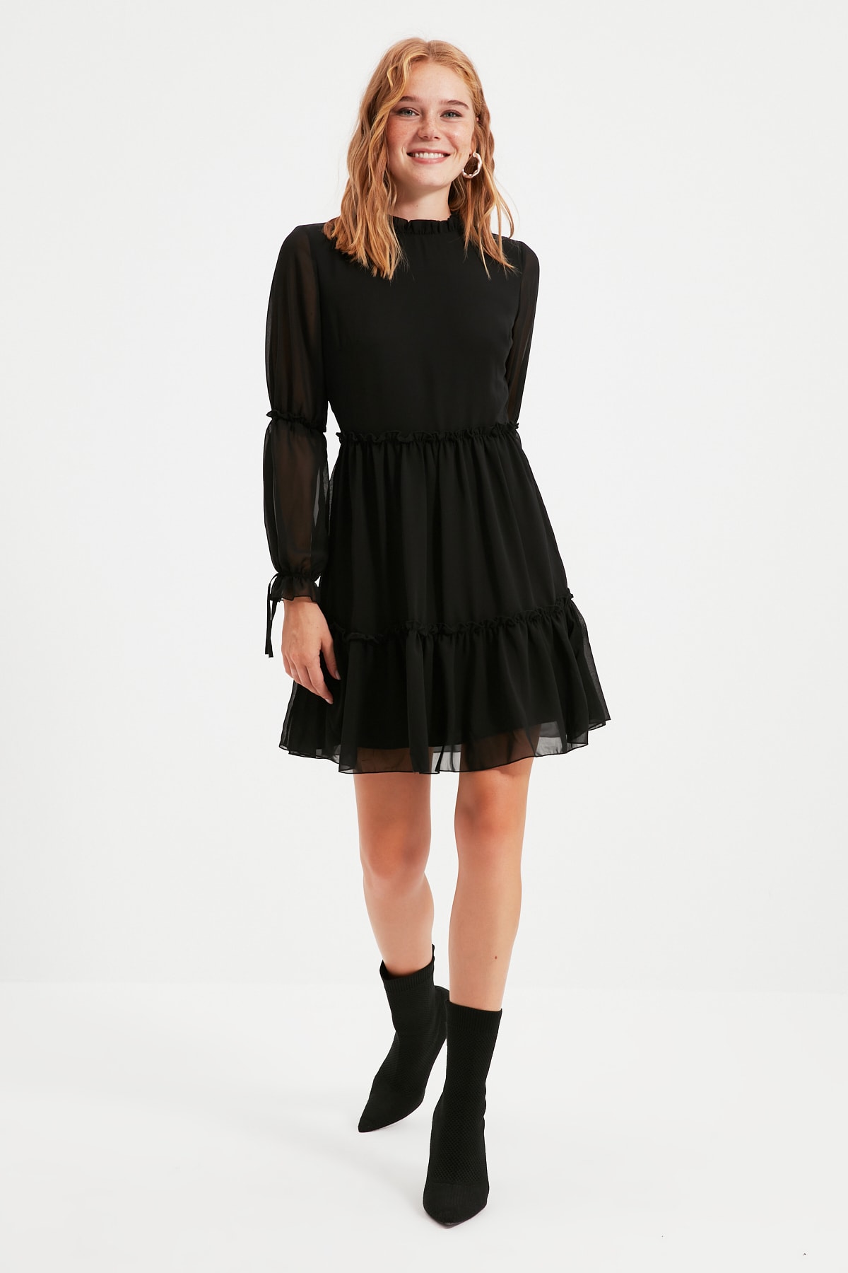 Siyah Mini Dokuma Astarlı Büzgülü Elbise TWOAW20EL0345