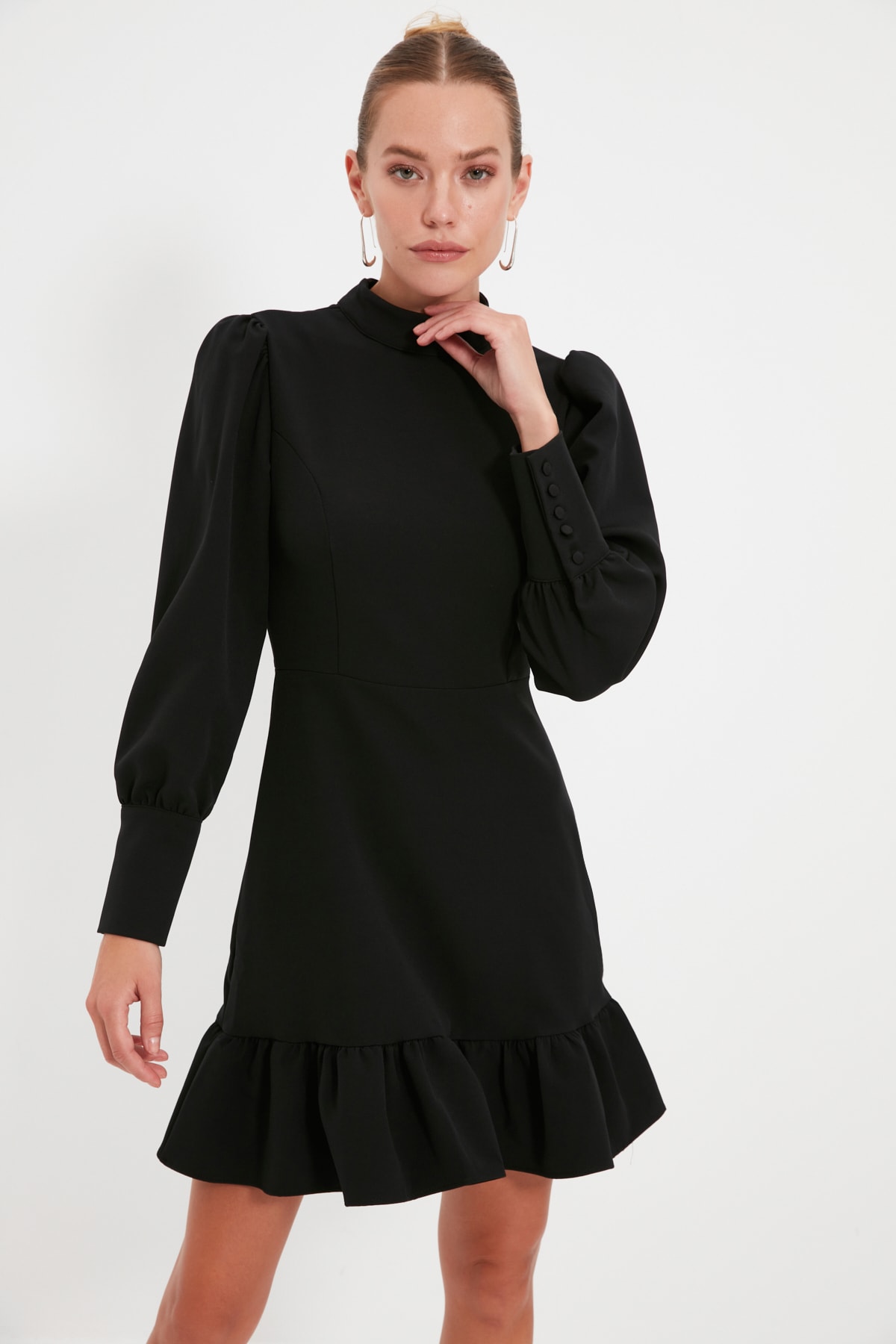 Siyah Mini Dokuma Dik Yaka Volanlı Elbise  TWOAW21EL1816