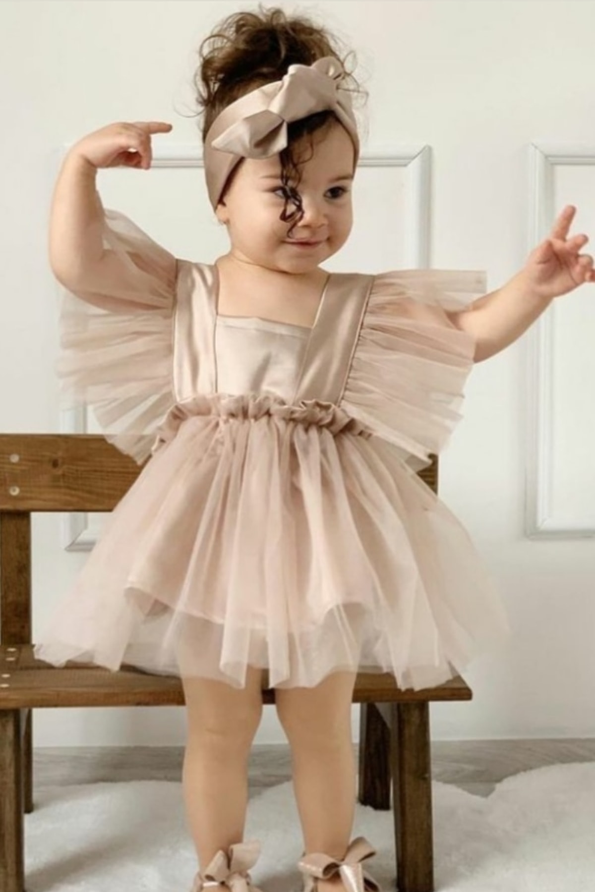 Sütlü Kahve Kız Çocuk Saten Abiye Elbise Kız Çocuk Doğum Günü Parti Kutlama Kıyafeti