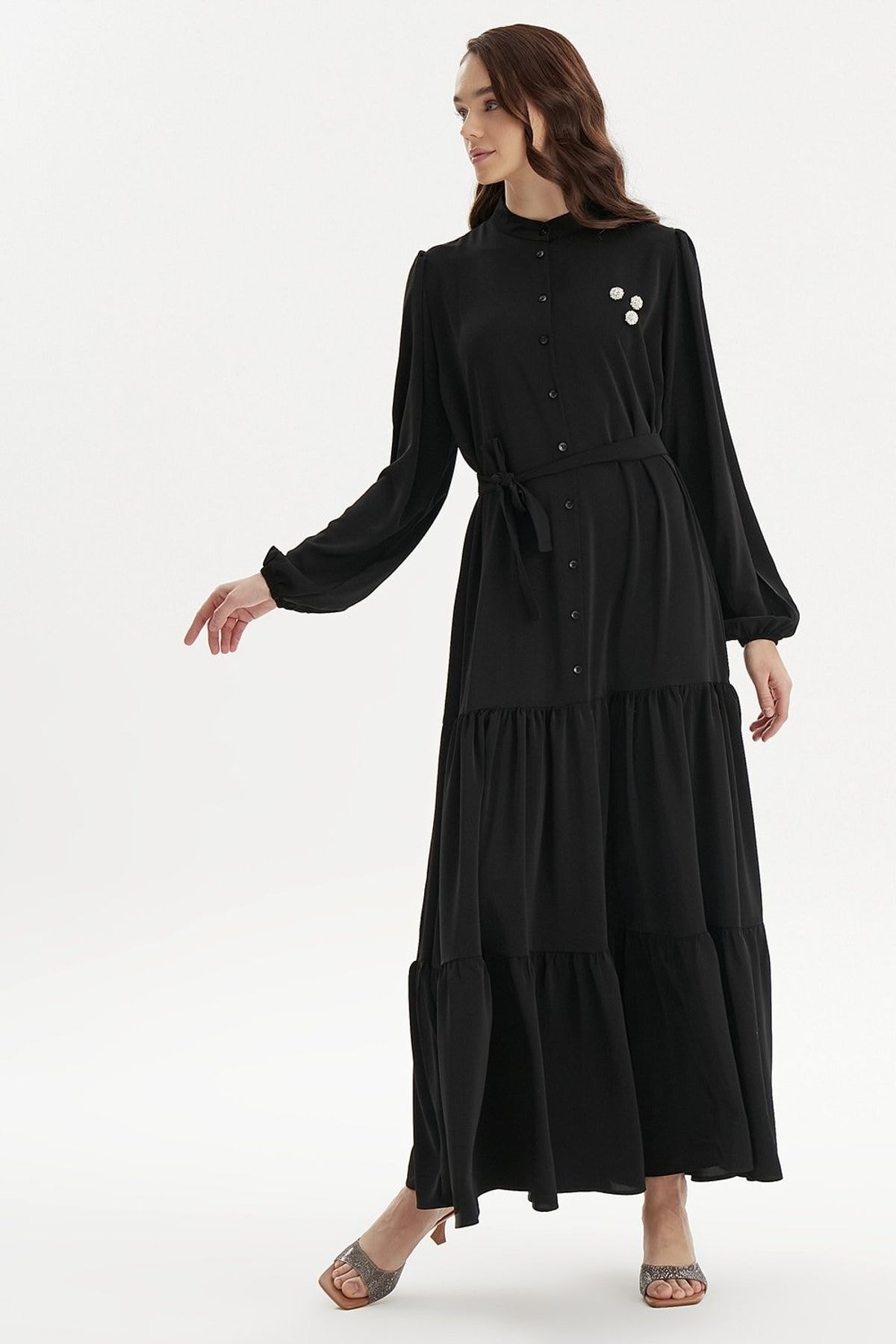 Broşlu Krep Elbise 594 Siyah